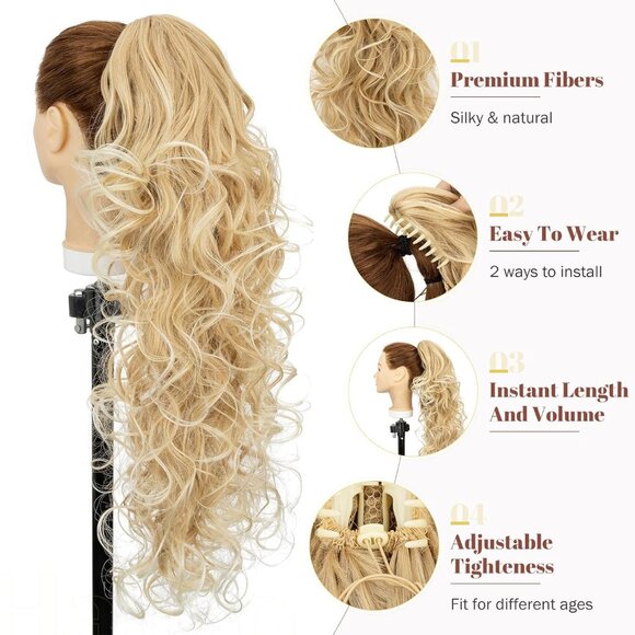 Claw Clip Ponytail Hair Extensions Synthetic Curly Wavy 24 Inch for Women - Picture 5 of 7